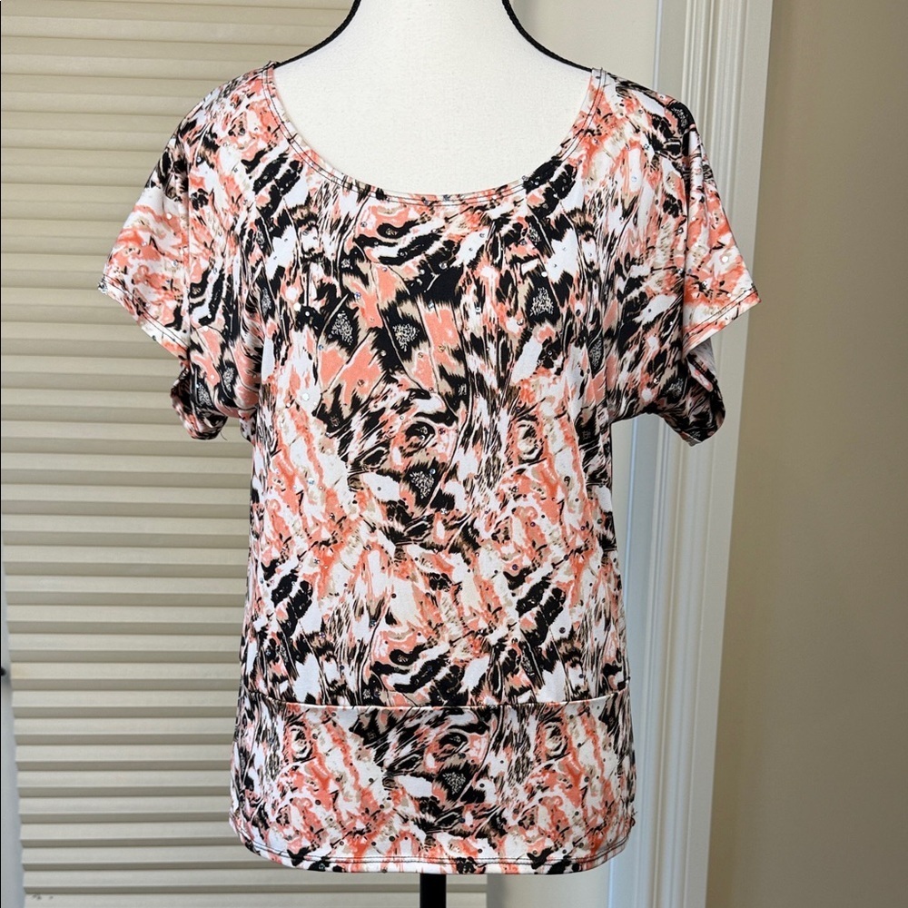 Only 9 Top Size S Sequins Abstract Print Flowy Black White Coral Peach Office
